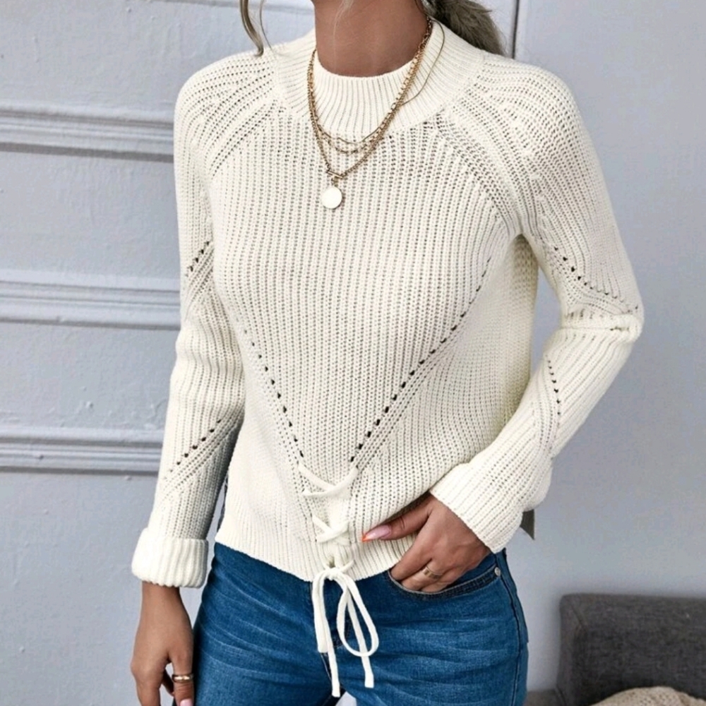 Shein Cream Knit Lace Up Bow Sweater Medium